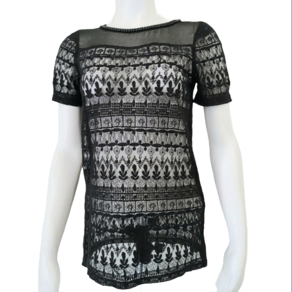 ZARA Black Crochet Lace Tee XS Beaded Neckline Sheer Mesh Nylon Punk Goth - Picture 6 of 14